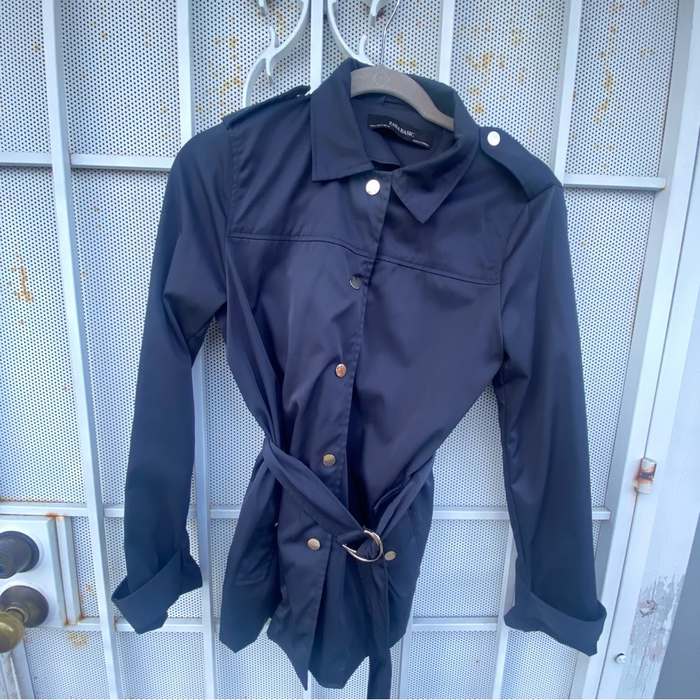 Zara Basic women S tie belt jacket/coat snap up front & pockets unlined stretch